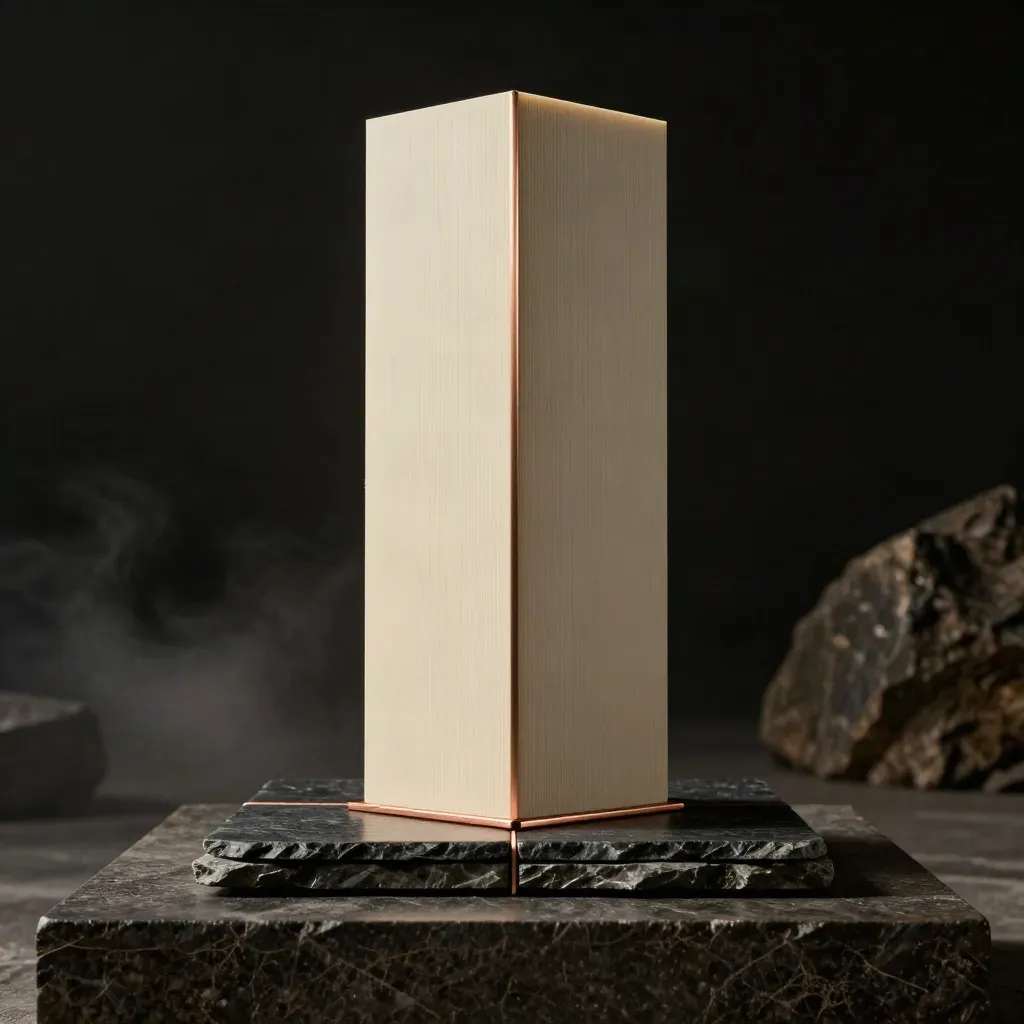 Monolite di tavole crema e blocchi ardesia su basamento di pietra scura, luce radente.