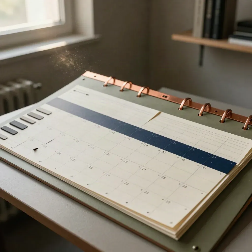 Lavagna strategica con tessere date, tab slate e barra rame in uno studio luminoso e ordinato.