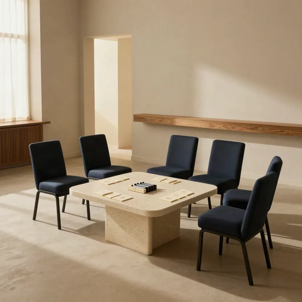 Sala workshop ordinata con sedie in arco e tavolo con carte segnapunti, luce morbida.