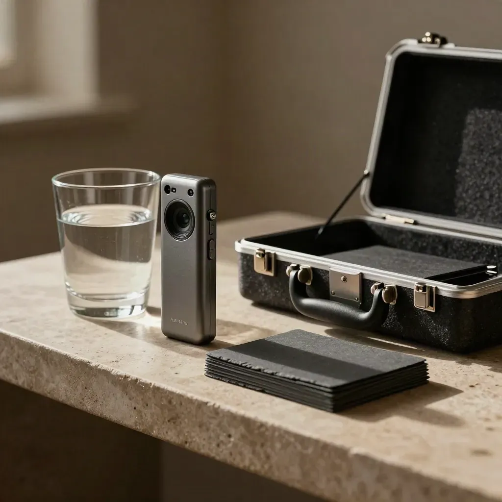 Kit audio per coaching voce su mensola in pietra, con registratore, acqua, schede e custodia aperta.
