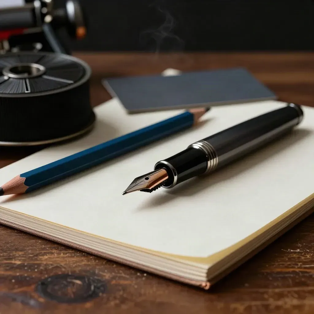 Natura morta drammatica con nib, matita blu, bobina d’inchiostro e blocco su tavolo in noce.