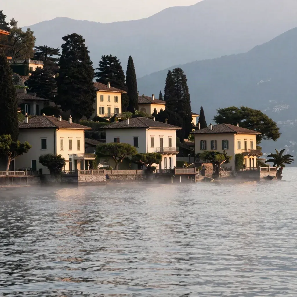 Ville sul Lago di Como all’alba tra foschia e cipressi, con acqua calma in primo piano.