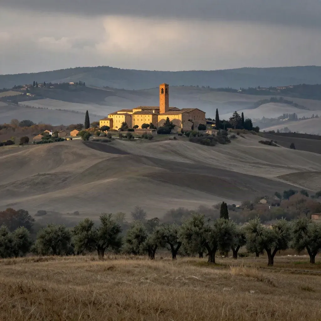 Colline dell’Emilia-Romagna con arcate lontane e un campanile tra nebbia e luce dopo la pioggia.