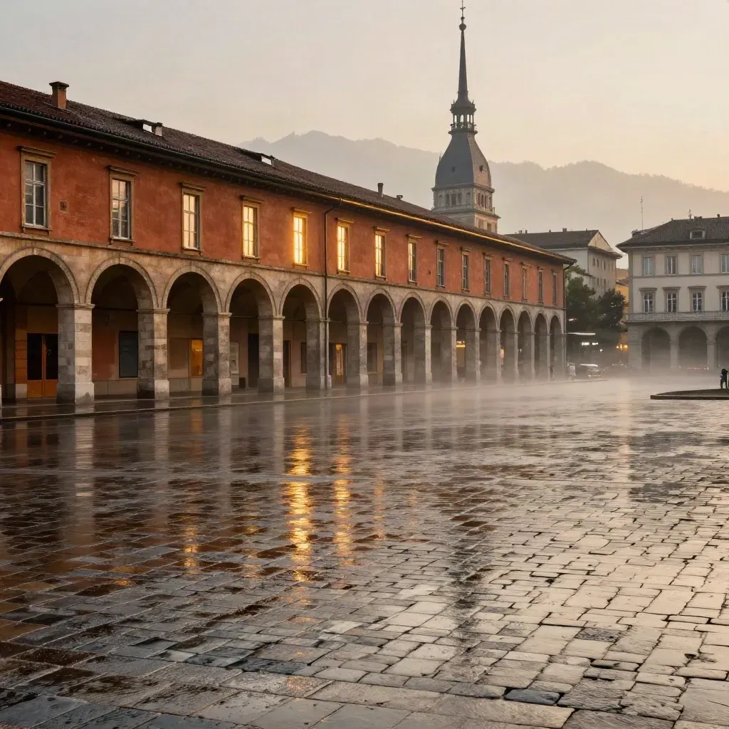 Piazza bagnata a Torino con arcate e Mole tra foschia e luci del tramonto